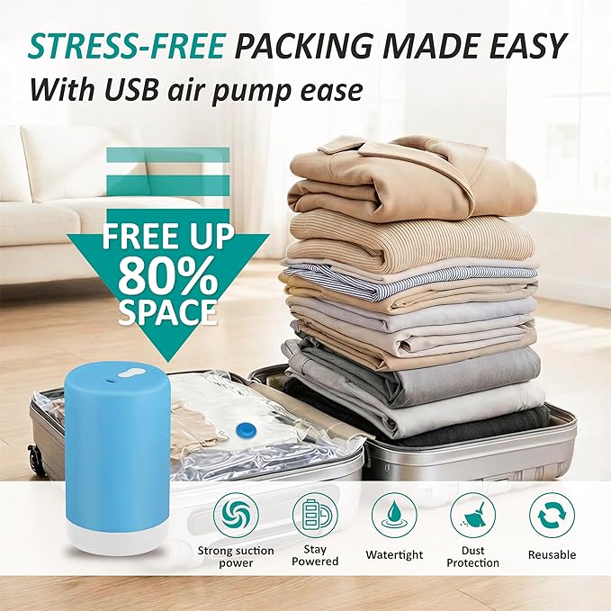 Cozy Essential Travel Vacuum Storage Bags with Rechargeable Cordless USB Pump, Space Saver Bags for Luggage, Suitcase, Carry-