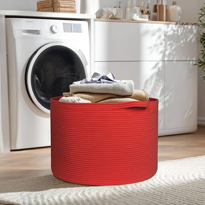 MEGASKET 115L Extra Large Red Basket for Organizing, 23.6"x15.7" Jumbo Woven Cotton Rope Bins for Blankets, Baby Nursery Laun