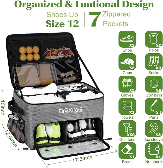 Golf Trunk Organizer, Waterproof Car Golf Locker with Separate Ventilated Compartment for 2 Pair Shoes, Golf Storage for Balls, Tees