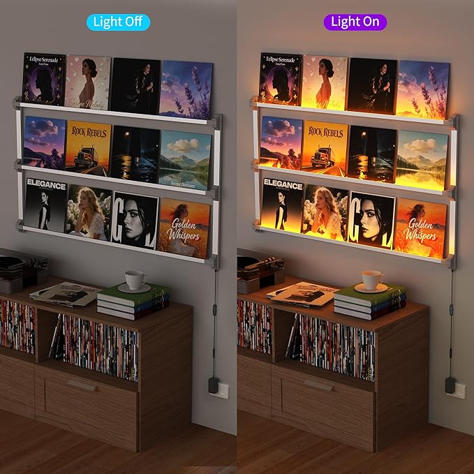 Vinyl Record Shelf Wall Mount with LED Lights, Floating Shelf for Vinyl Record Display, 14-INCH Aluminum Alloy Record Holder 