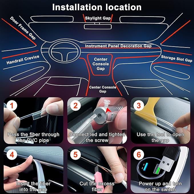 Interior Car LED Lights APP Control，Ambient Lighting Kit with 236" Fiber Optic，5 in 1 RGB Strip Lights，16 Million Colors Car Neon Lights, Sync to Music（USB）