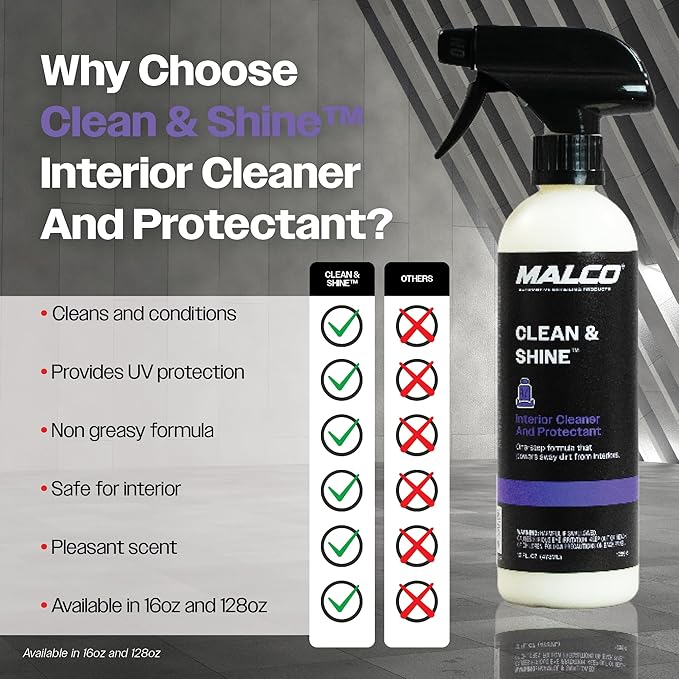 Malco Clean and Shine Interior Car Cleaner and Dressing - Best Interior Car Care to Restore Leather Plastic and Vinyl / 1 Sim