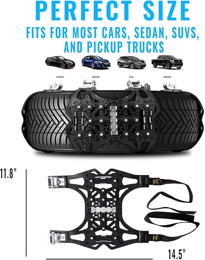 VaygWay Car Snow Tire Anti-Slip Chains - All Season Black Upgraded - Emergency Vehicle Tire Chains for Cars, SUVs, & Trucks (