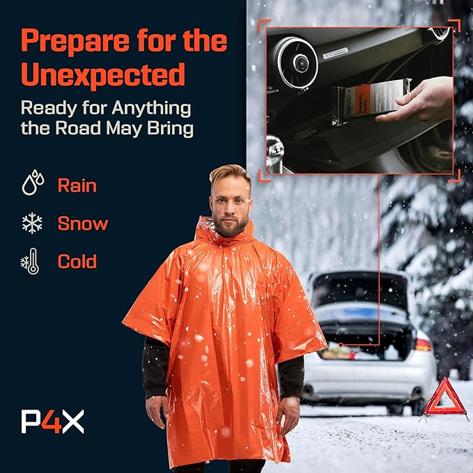 PREPARED4X Emergency Mylar Poncho – Survival Rain Poncho with Hood – Lightweight, Compact, Reusable Emergency Blanket Poncho 