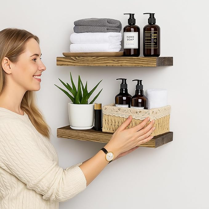 BGMG Wood Floating Shelves for Wall 16 inch Set of 2, Rustic Wooden Wall Mount Shelves for Living Room Bedroom Kitchen Farmho