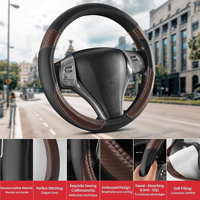Non-Slip Car Nappa Leather Steering Wheel Cover,Universal Car Accessories Women Men Fit 14" 1/2-15" Suvs/Vans/Sedans/Cars/Tru