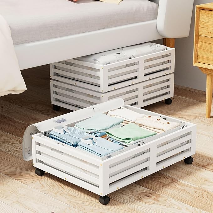 Bamboo Under Bed Storage Containers- Underbed Organizer with Wheels with Large Capacity Dust Bag,Sturdy Wood Rolling Under Be