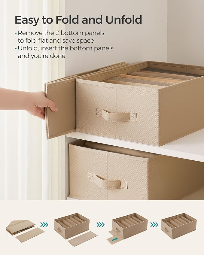 SONGMICS Set of 4 Large Size Wardrobe Clothes Organizers, 6-Compartment Foldable Drawer Organizers with Handles, 16.5 x 11.8 