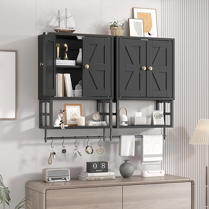 Farmhouse Medicine Cabinet - 3-Tier Wall Mounted Storage Organizer with Adjustable Shelves, Towel Bar, 5 Hooks for Small Bath