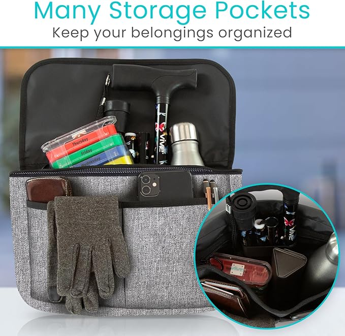 Vive Wheelchair Carry Bag - Arm Rest Pouch for Rollator, Walkers, Power Wheel Chairs and Knee Scooters - Side Storage Organiz