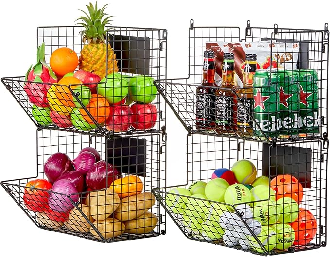 X-cosrack Metal Wire Basket Wall Mount, 4 Tier Extra Large Wall Storage Basket Organizer with Chalkboards, Kitchen Fruits and