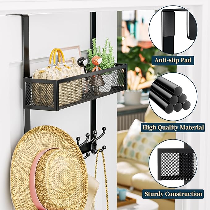 Consumest Over The Door Hooks Organizer - Over Door Hanger with 16 Hooks & 2 Baskets for Hanging Coat, Clothing, Towel, Back 