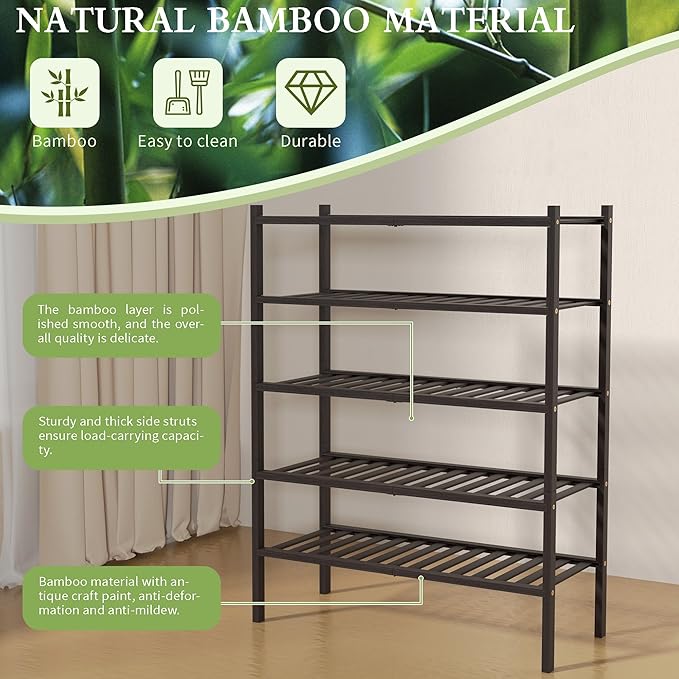 ROMGUAR CRAFT 5 Tier Bamboo Shoe Rack for Closet Free Standing Wood Shoe Shelf for Entryway Small Space Stackable 27"x11"x33"