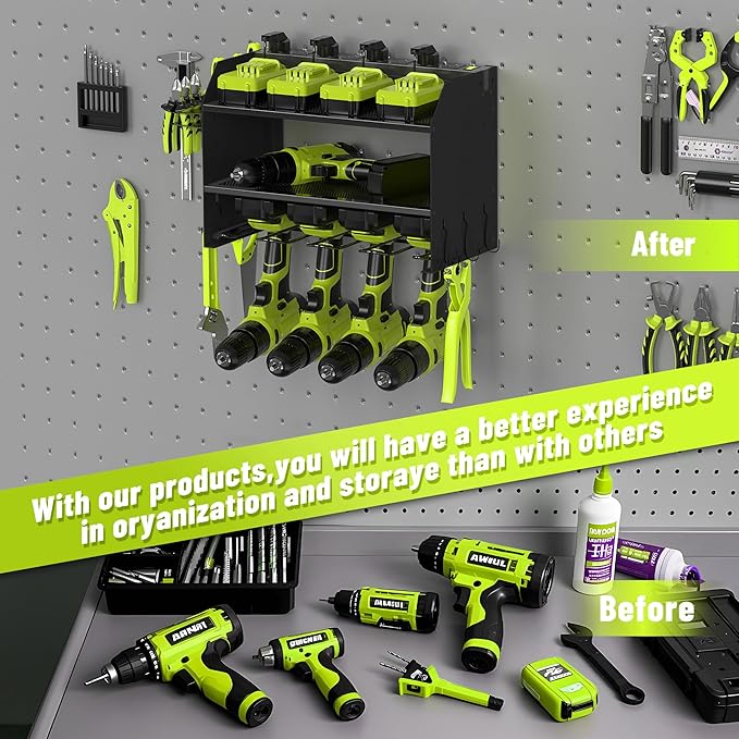 Heavy Duty Drill Holder & Power Tool Organizer Wall Mount, Metal Cordless Tool Organizer for Cordless Drill, Accessory Holder