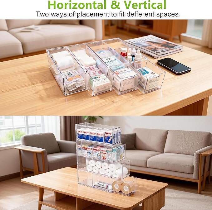 2 Pack Bandage Organizer with Lid, Acrylic Bandaid Holder with 4 Clear Drawers Band Aid Storage Container for Home Office Dra