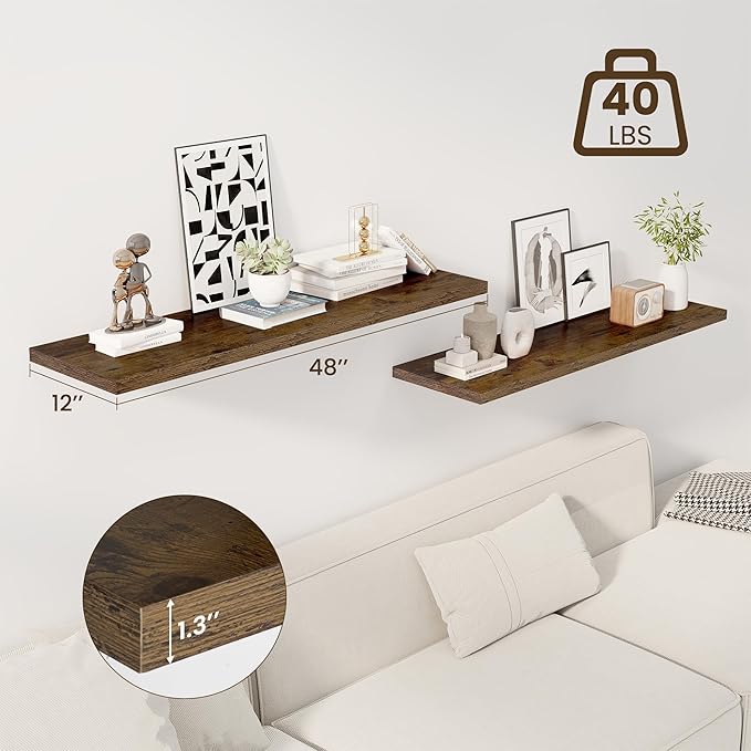 Dreamland 48" Floating Shelves for Wall, 12" Deep Slim Rustic Brown Floating Shelves, Wall-Mounted Shelves for Bedroom, Livin