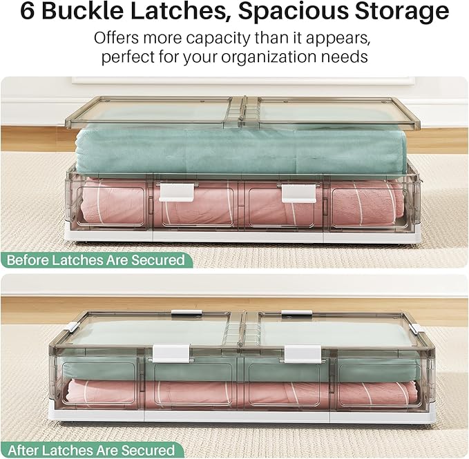 Kitstorack Clear Plastic Under Bed Storage Containers Bins with Lids and 8 Pre-installed Wheels,37.8 Qt, Rolling Foldable Fla