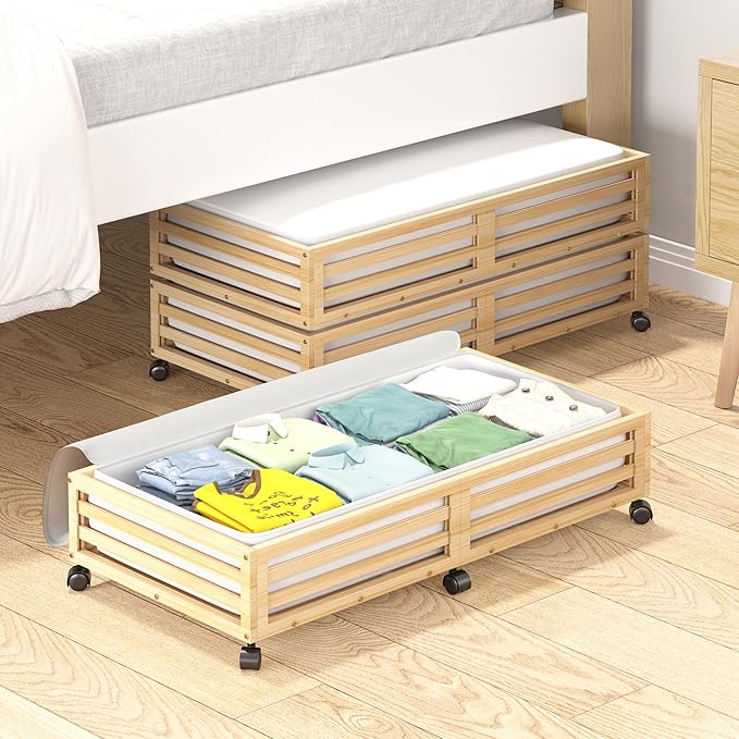 Wisuce Bamboo Under Bed Storage Containers- Underbed Organizer with Wheels with Large Dust Bag,Sturdy Wood Rolling Under the 