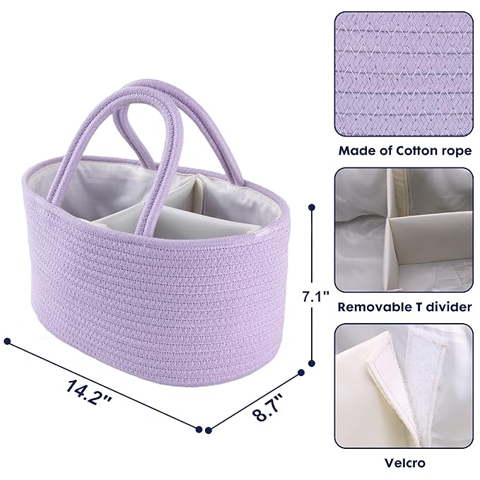 Baby Diaper Caddy Organizer Cotton Rope Nursery Storage Bin Basket Portable Holder Tote Bag for Changing Table Car Travel Bab