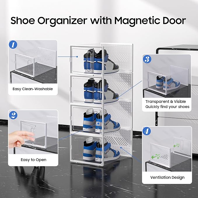 eWonLife Large Shoe Organizer Storage Box with Magnetic Door,12 Pack Clear Plastic Stackable Sneaker Containers for Closet, C