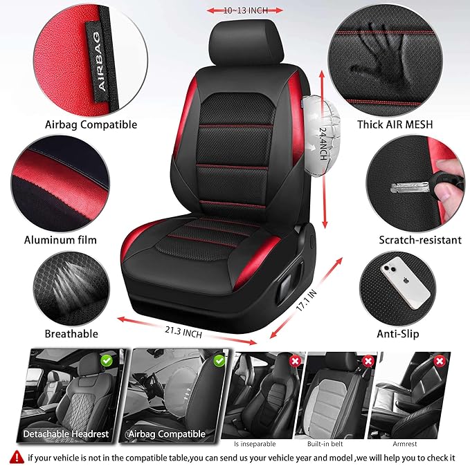 CAR PASS Memory 3D Foam Car Seat Covers Full Set, Breathable Mesh Thick Seat Covers for Car, Red Metal Film Leather Seat Cove