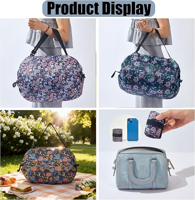 Foldable Reusable Tote Bags - Thickened 210D Nylon Waterproof Grocery Shopping Bag with Zipper & Adjustable Strap