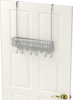Simple Houseware Over The Door 11 Hook Organizer Rack with Basket Storage, Chrome
