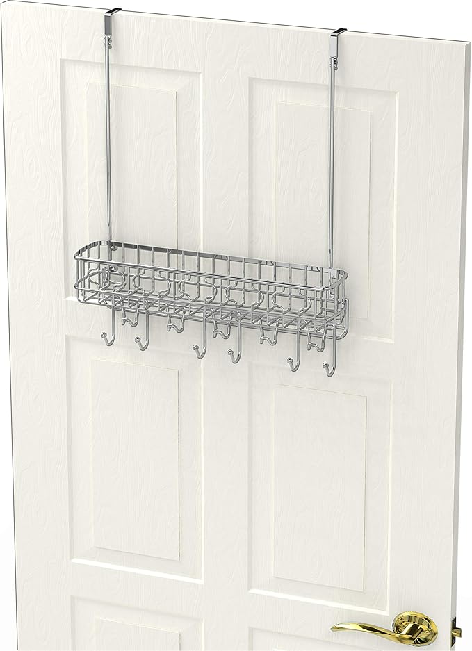 Simple Houseware Over The Door 11 Hook Organizer Rack with Basket Storage, Chrome
