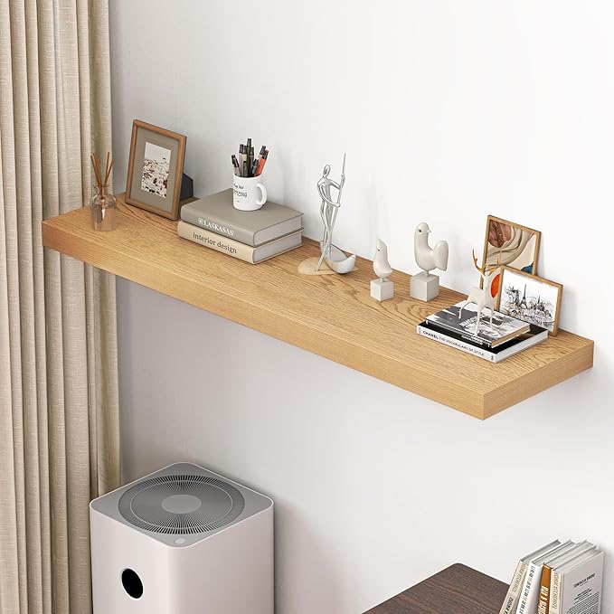 Dreamland 55" Floating Shelves for Wall, 12" Deep Thicker Oak Floating Shelves, Wall-Mounted Shelves for Bedroom, Living Room