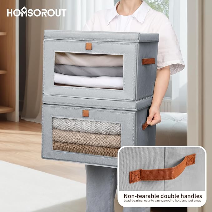 Homsorout Large Closet Storage Organizer - Clothes Storage Bins with Handles & Window, Collapsible Decorative Boxes with Lids