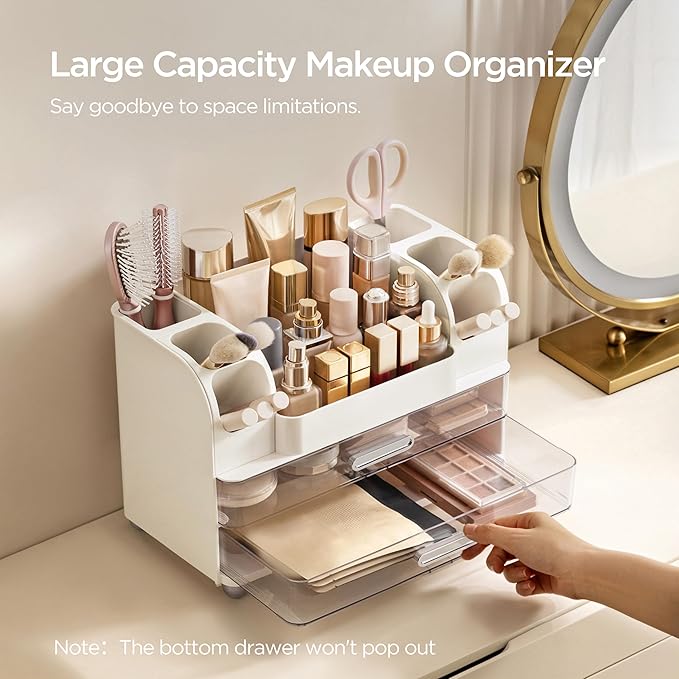 HBlife Makeup Organizer for Vanity with Brush Holder, Large Bathroom Countertop Cosmetic Organizer Skin Care Storage, Easy to