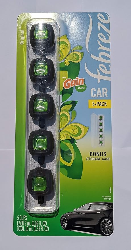 Febreze Car Air Freshener, Set of 5 Gain Scent Clips plus Bonus Storage Case
