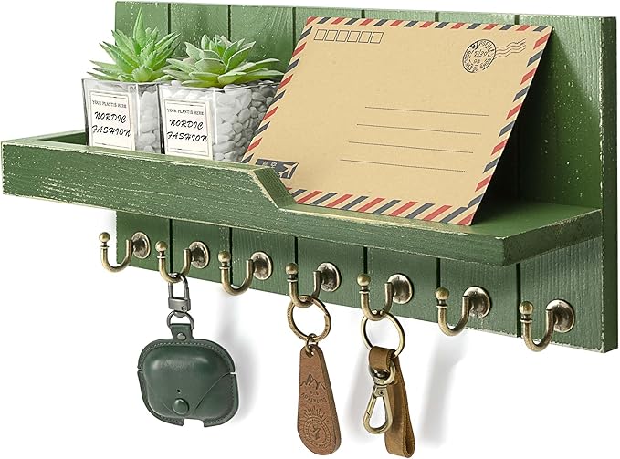 Farmhouse Pine Wood Key Holder Wall Mount - Key Holder for Wall with Floating Shelf Put Mail and Perfume - Rustic Key Hanger 