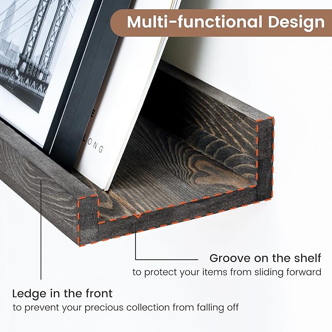 Picture Ledge Wall Shelves 56 Inches Width Set of 3, Solid Pine Wood Rustic Floating Ledge for Kids' Room Bedroom Kitchen Bat