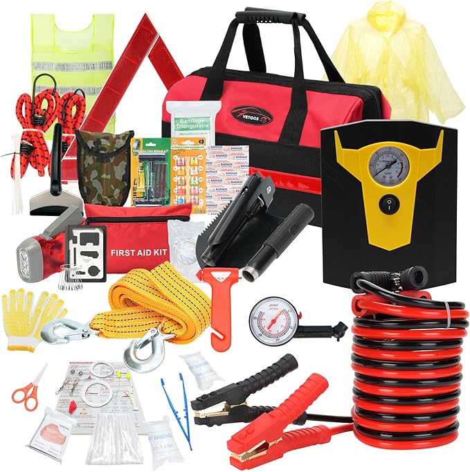 Vetoos Car Roadside Emergency Kit with Jumper Cables, Auto Road Side Safety Kit for Vehicles - with Premium Carry Bag, Portab