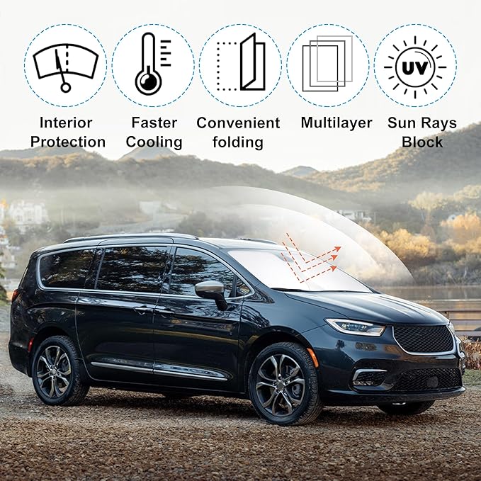 Front Windshield Sun Shade Foldable Car Front Window Sun Shade Windshield Shade Custom Fit for 2017-2025 2026 Chrysler Pacifica Minivan Block UV Rays Heat Keep Cooler