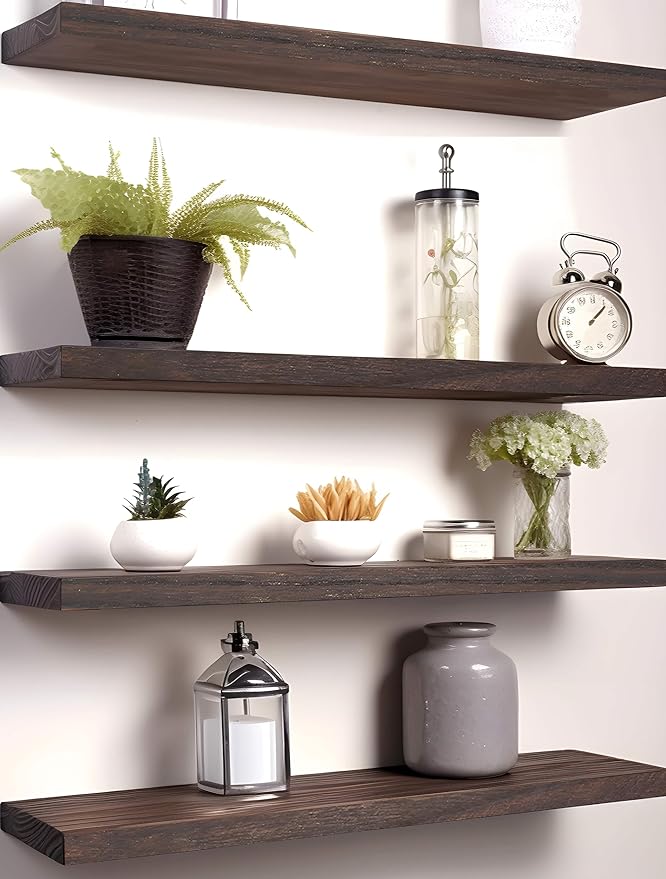 PHPH 24 Inch Wood Floating Shelves for Wall, Wooden Wall Shelves for Bedroom, Set of 4 Brown
