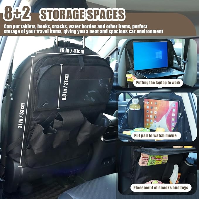 Car Seat Organizers,Multi-functional Back Seat Protectors, Storage Pouches, Child kicking prevention and Tray Holders Kick Mats Back (for Cars, Kids,and Rear Seats) (Black, 2 Pack with Food Tray)