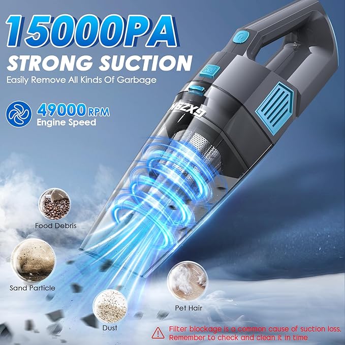 Handheld Vacuum Cordless, 15000PA Strong Suction Hand Held Car Vacuum Cleaner Rechargeable, Portable Hand Vacuum with Multi-N