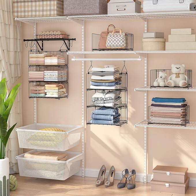 bukfen 3 Tier Hanging Closet Organizer, Wall Mounted Wire Storage Shelf with 4 Hooks, Foldable Stackable Organizer for Laundr