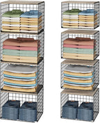 4PCS Wider Closet Organizers and Storage, Stackable Closet Shelf Organizer Storage Bins with Wood Top for Sweaters Jeans, Clo