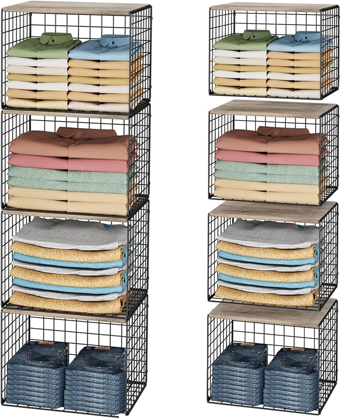 4PCS Wider Closet Organizers and Storage, Stackable Closet Shelf Organizer Storage Bins with Wood Top for Sweaters Jeans, Clo