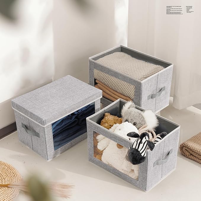 Homsorout Fabric Storage Bins with Lids - 3 Packs Storage Cubes with Window, Foldable Storage Baskets Bins for shelves, Close