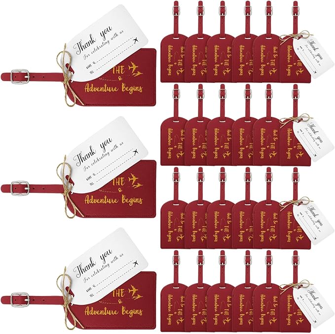 Sweetude 48 Sets Leather Luggage Tag Bulk and So The Adventure Begins Luggage Tags with Name Card for Wedding Bridal Shower B