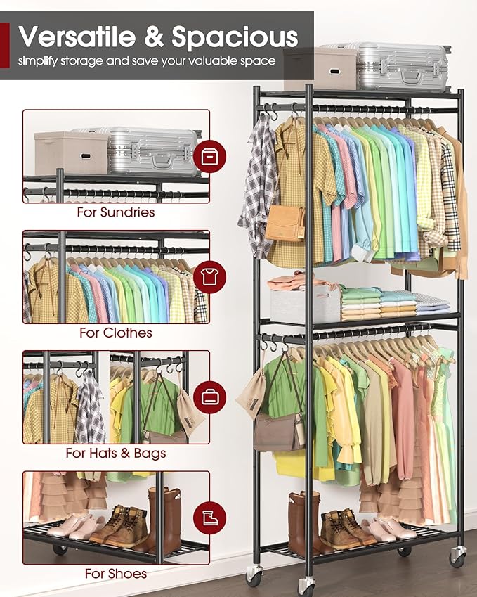 Sakugi Clothes Rack - 33.0" x 12.2" x 79.5" Clothing Rack with Shelves & Wheels, Multi-Functional Wardrobe Closet with Hooks,