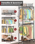 Sakugi Clothes Rack - 33.0" x 12.2" x 79.5" Clothing Rack with Shelves & Wheels, Multi-Functional Wardrobe Closet with Hooks,