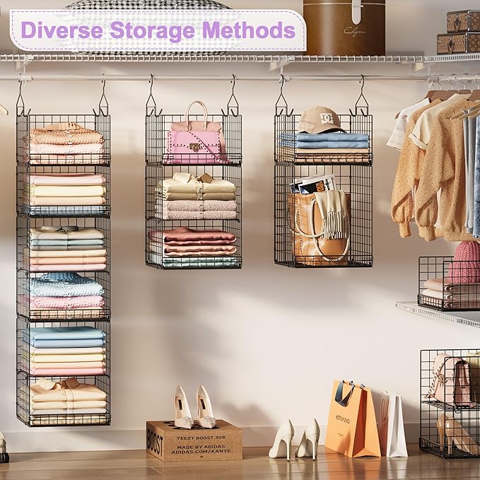 6 Tier Hanging Closet Organizers and Storage Stackable Hanging Closet Shelves with 4 Hooks 2 Adjustable Dividers, Wire Storag
