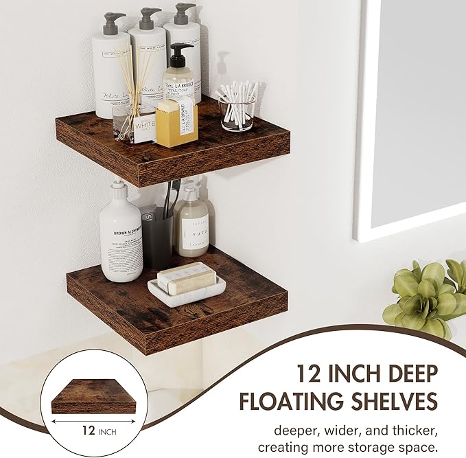 12 Inch Floating Shelves, 12" Deep Floating Shelf Wall Mounted, 12" Wall Shelves, Rustic Deep Bookshelf, Extra Deeper Display