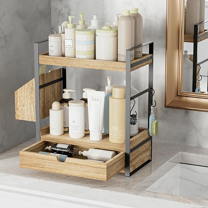 2-Tier Bathroom Counter Organizer with Drawer and Basket, Wood Countertop Organizer for Storage, Skincare Organizers for Vani
