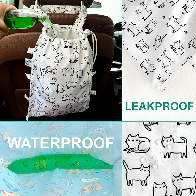 FLOCK THREE Leak-Proof Waterproof Car Trash Bag Foldable Multipurpose Trash bin Container Storage Cute Grocery Organizer Bag for Automotive Front or Back Seat in Cars SUVs and Trucks (White cats)
